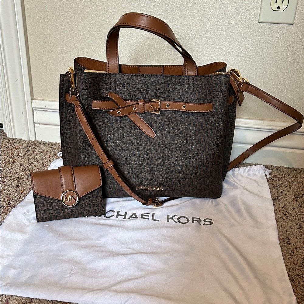 Michael Kors Large Emilia Brown Satchel with Matching Carmen Wallet